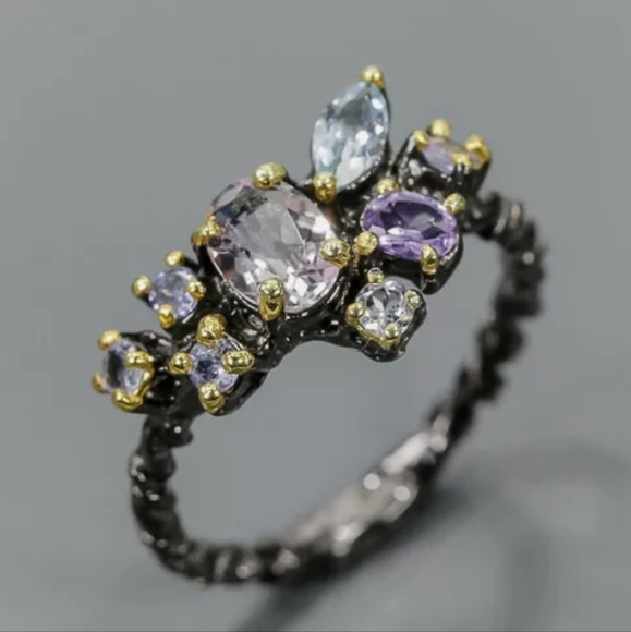 Amethyst Tanzanite & Aquamarine cluster Sterling ring sz 9 - Picture 5 of 9